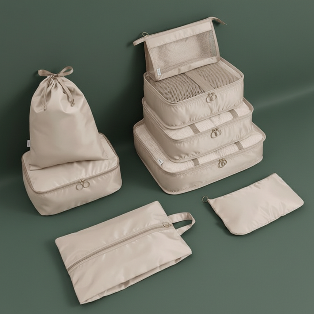 EaseEdit Beige Packing Cubes - Sage Green Background