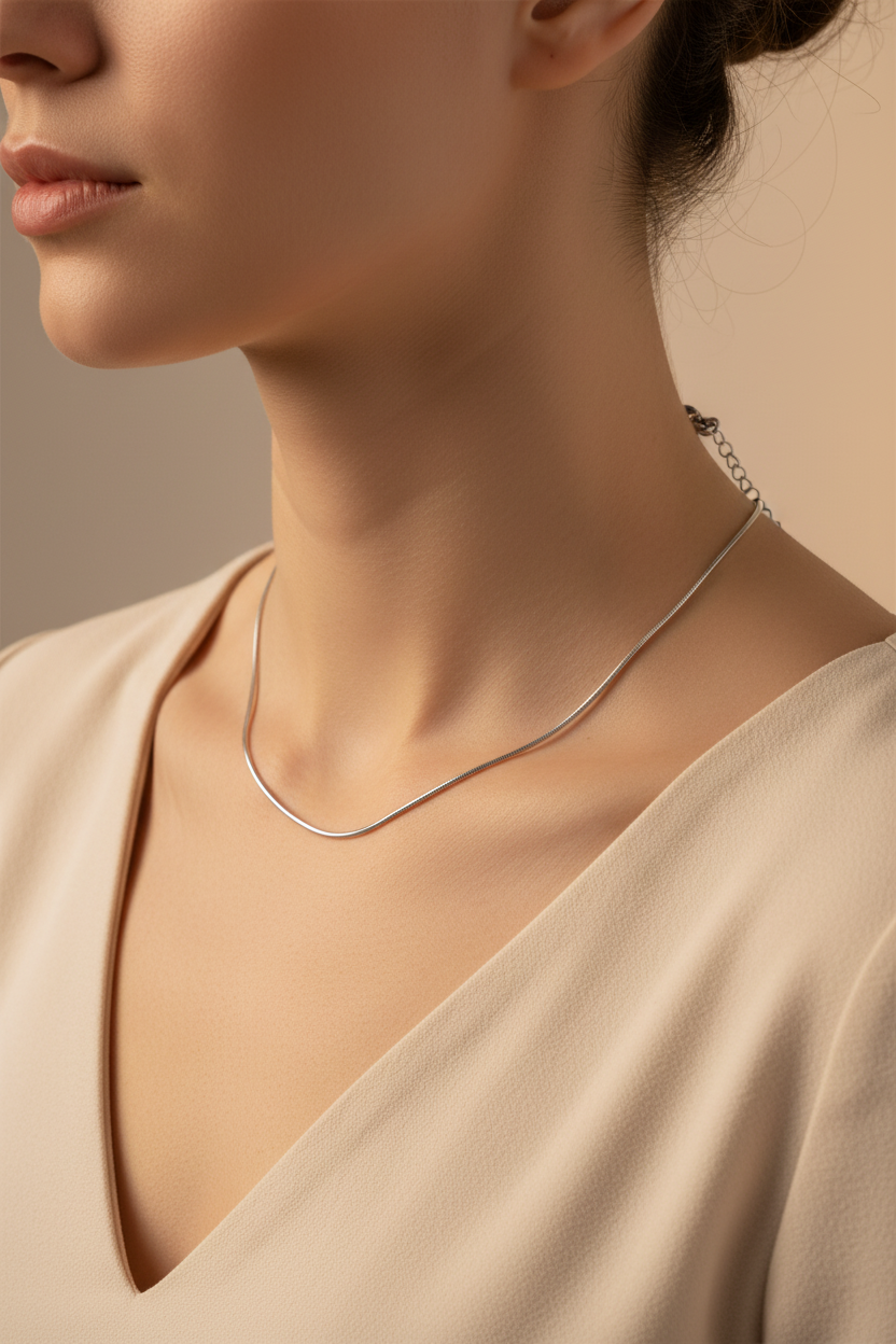 Woman Wearing Silver Snake Chain Necklace