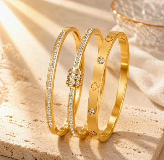 18K Gold-Plated Clover Stackable Bangle Set – 3pcs