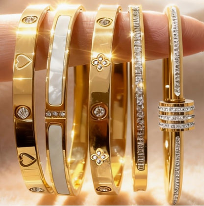 5-Piece 18K Gold-Plated Stackable Bracelet Set | Heart & Floral Cubic Zirconia Cuffs