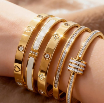 5-Piece 18K Gold-Plated Stackable Bracelet Set | Heart & Floral Cubic Zirconia Cuffs