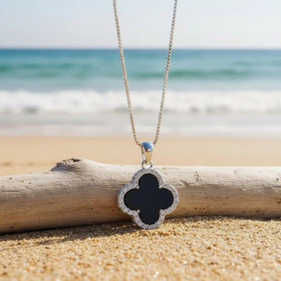 Four-Leaf Clover Pendant Necklace | 18K Gold-Plated Stainless Steel & Cubic Zirconia