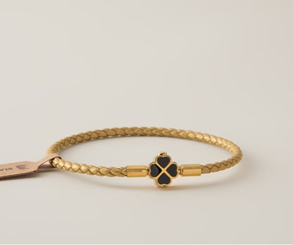 Genuine Leather Lucky Clover Bracelet | Luxury Gold Bangle for Women