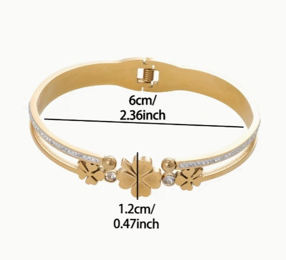 Leaf Open Bangle | 18K Gold-Plated Adjustable Rhinestone Bracelet