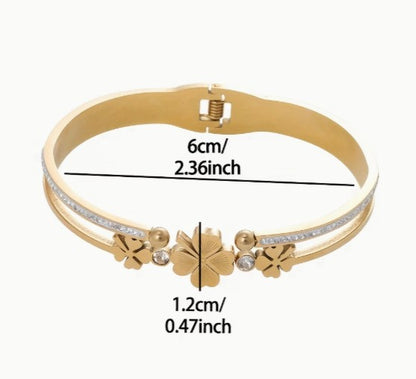 Leaf Open Bangle | 18K Gold-Plated Adjustable Rhinestone Bracelet