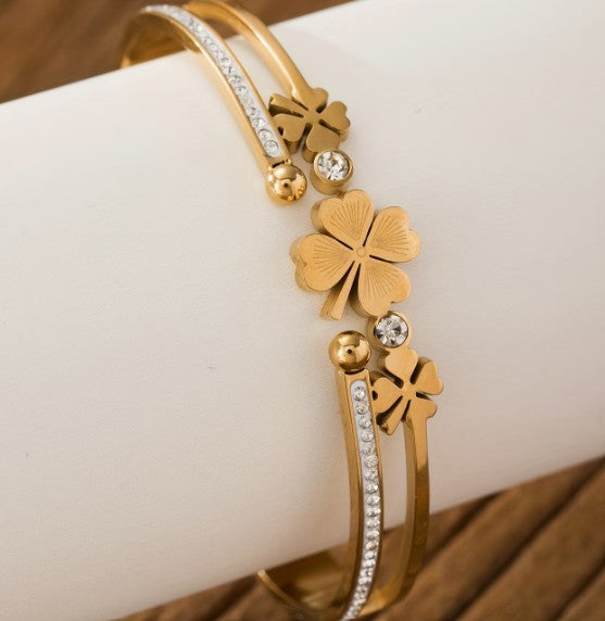 Leaf Open Bangle | 18K Gold-Plated Adjustable Rhinestone Bracelet