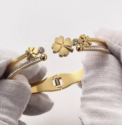 Leaf Open Bangle | 18K Gold-Plated Adjustable Rhinestone Bracelet