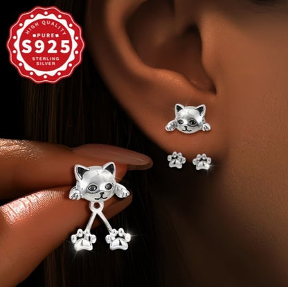 S925 Sterling Silver Cat Paw Dangle Earrings