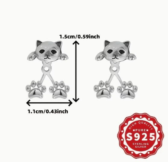S925 Sterling Silver Cat Paw Dangle Earrings
