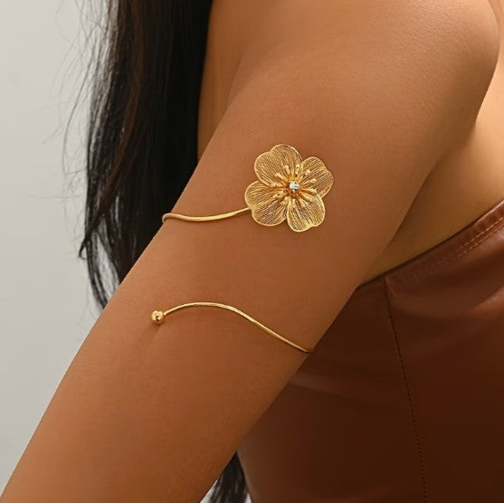 Gold Textured Flower Open Upper Arm Cuff