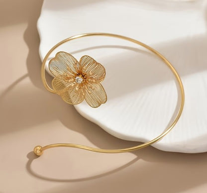 Gold Textured Flower Open Upper Arm Cuff