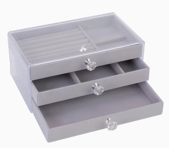 Clear Acrylic 3-Drawer Velvet Earring Organizer — Grey
