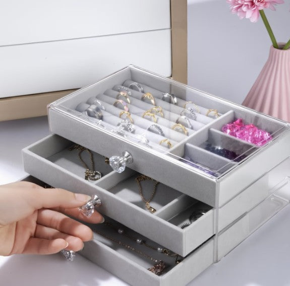 Clear Acrylic 3-Drawer Velvet Earring Organizer — Grey