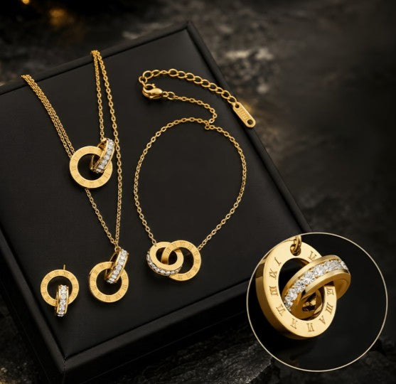 Roman Numeral Interlocking Jewelry Set | Stainless Steel + 18k Gold Plated