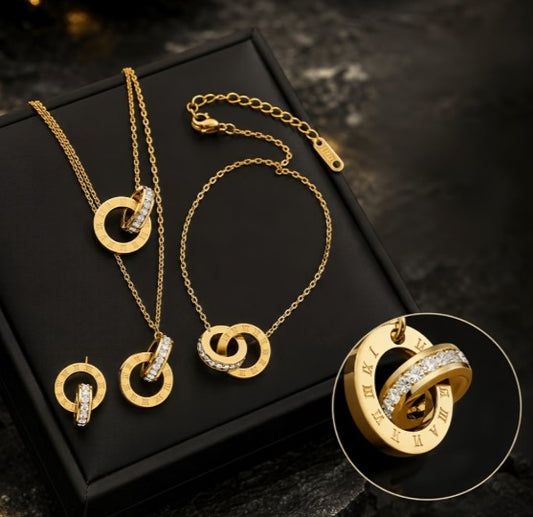 Roman Numeral Interlocking Jewelry Set | Stainless Steel + 18k Gold Plated