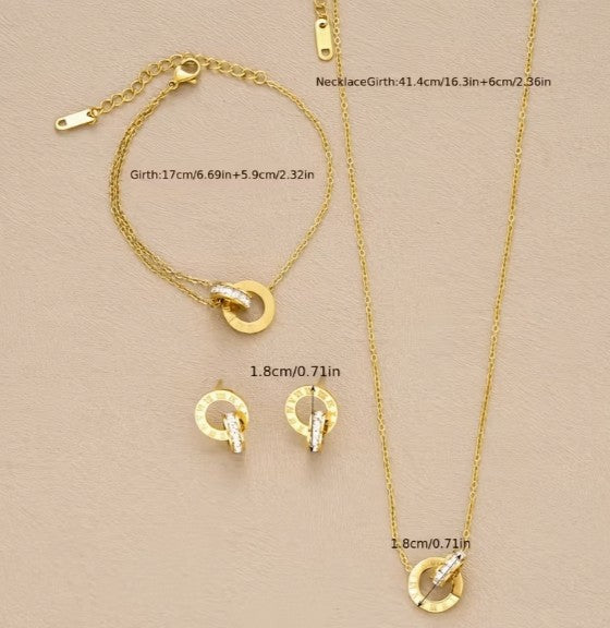 Roman Numeral Interlocking Jewelry Set | Stainless Steel + 18k Gold Plated