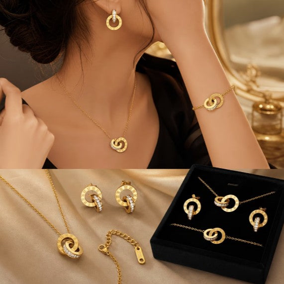 Roman Numeral Interlocking Jewelry Set | Stainless Steel + 18k Gold Plated
