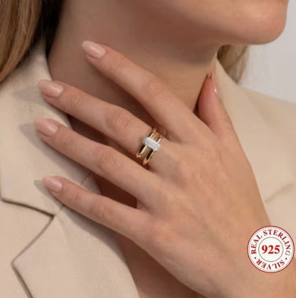 Two-Tone Double-Layer CZ Ring | 925 Sterling Silver & 18k gold plated