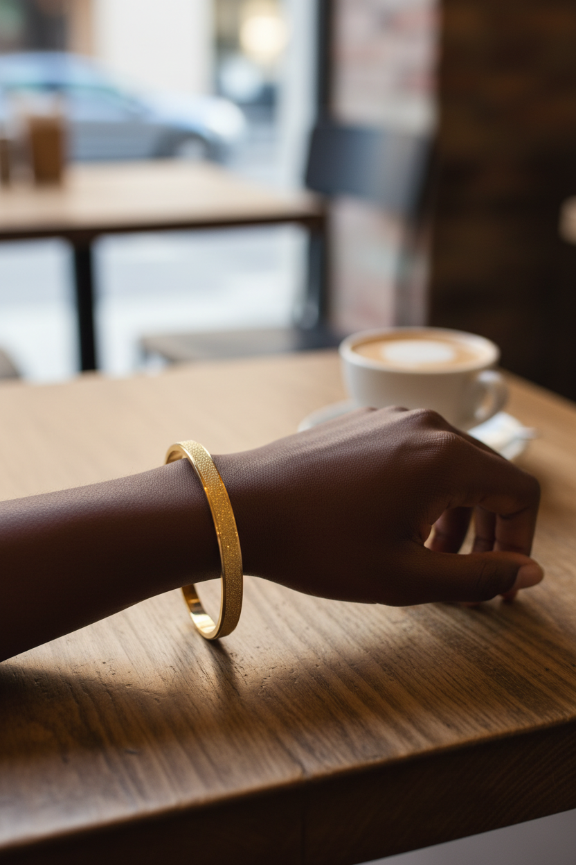 Black woman wearing gold matte bangle