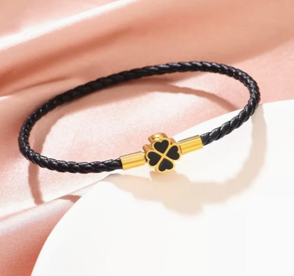 Genuine Leather Lucky Clover Bracelet | Luxury Gold Bangle for Women