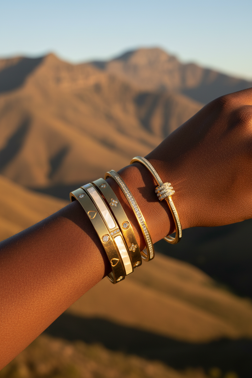 Gold bangles on Black South African woman's hand