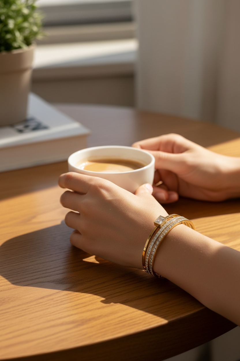 Natural lifestyle photo of woman wearing gold cuff bangle