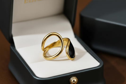 Premium Gold Black Enamel Swirl Ring in Box