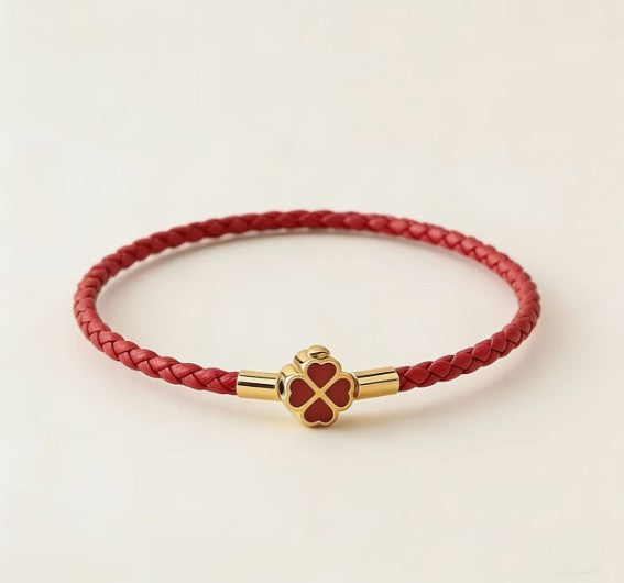 Genuine Leather Lucky Clover Bracelet | Luxury Gold Bangle for Women