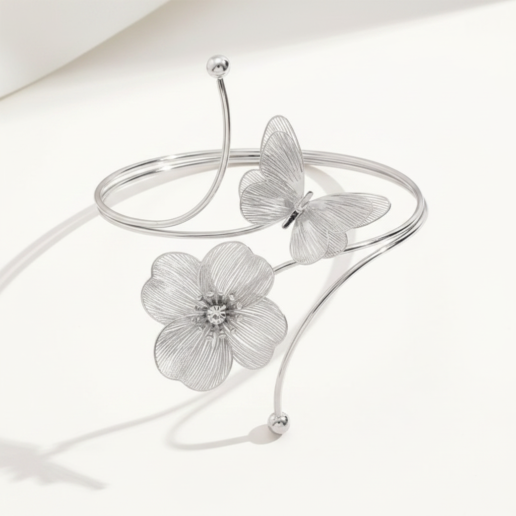 Silver Flower Butterfly Arm Cuff - Product