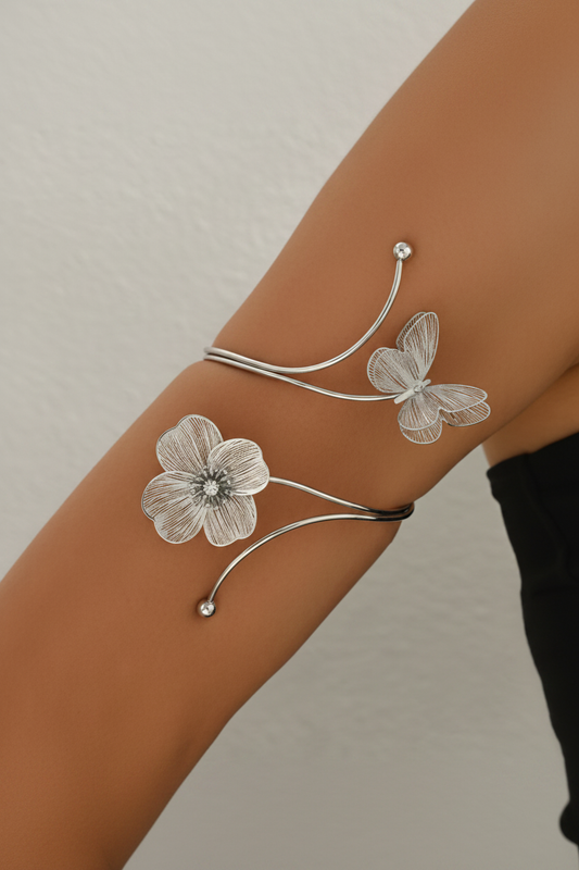 Silver Flower Butterfly Arm Cuff - Worn