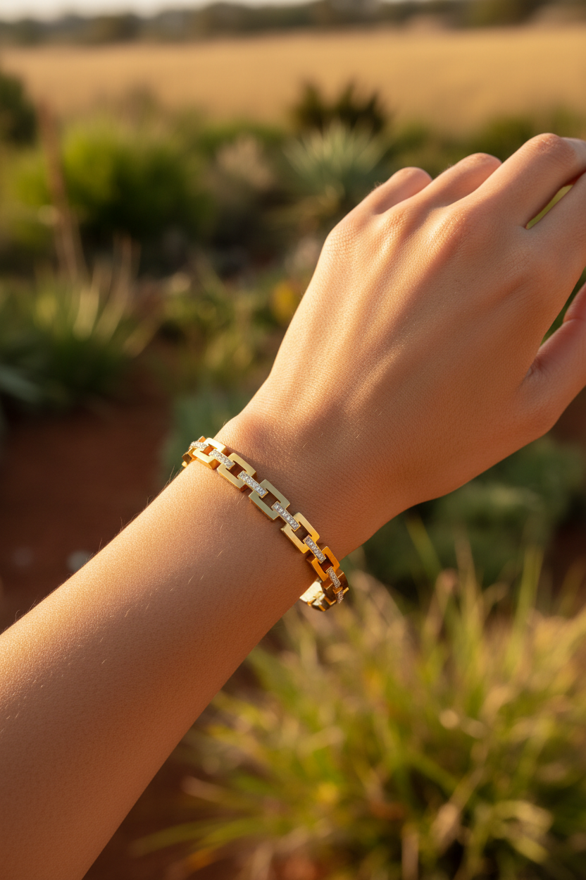 South African woman wearing gold chain-link bangle