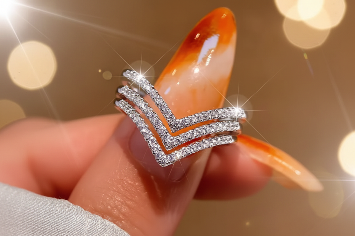 Sparkly Sterling Silver Chevron Ring on Ladies Finger