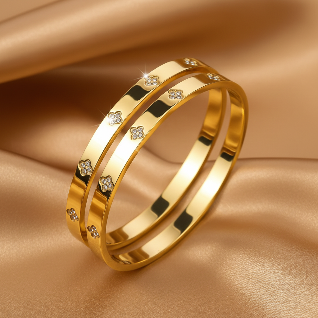 Two lucky flower bangles on satin