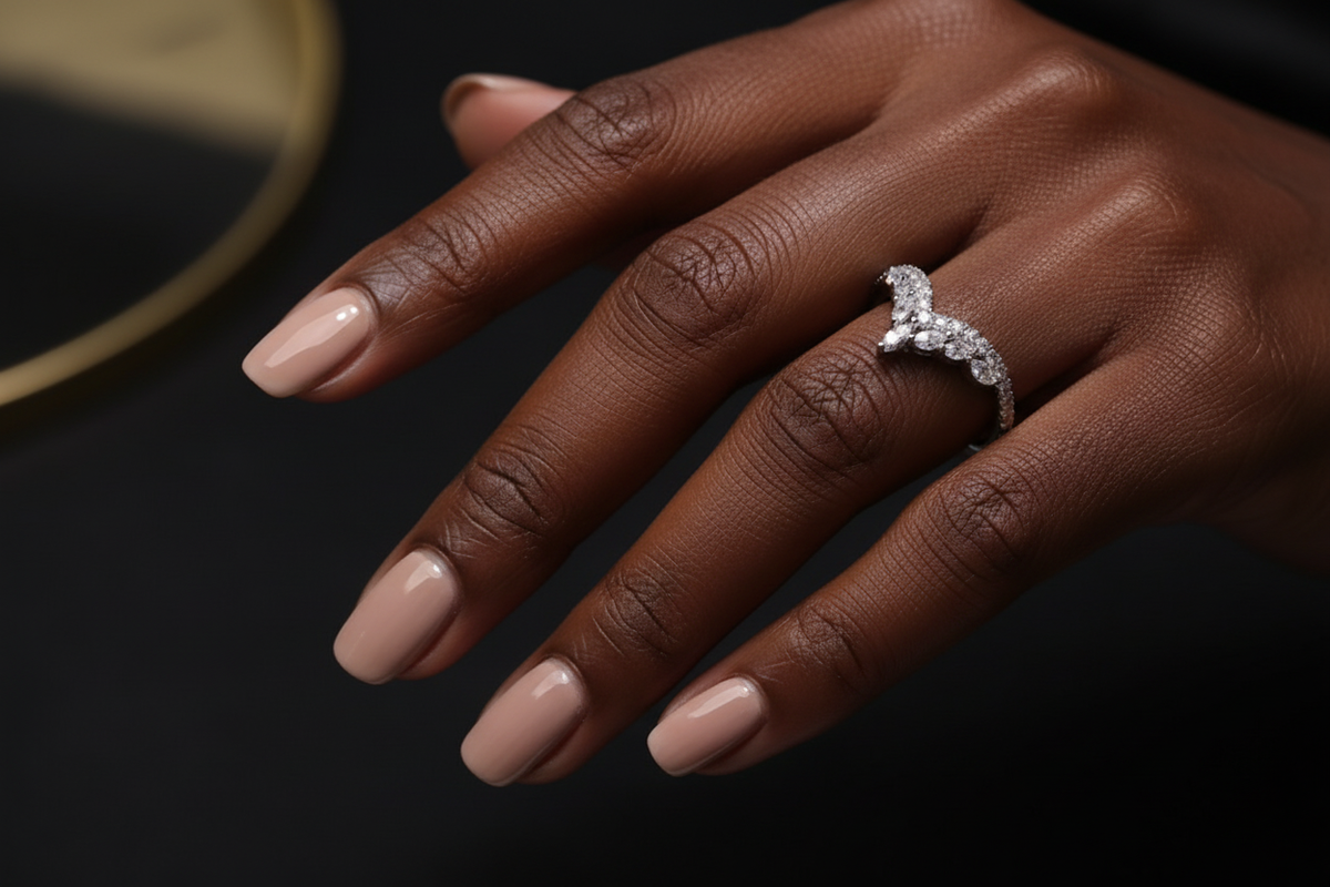 V-Shape CZ Ring on Black Ladies Hand